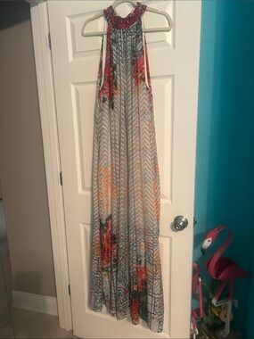Anthropologie Gray Maxi Dress with Red & Orange Floral Accents